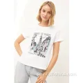 Kvinnors avslappnad tryckt kort ärmbesättningshals T-shirt